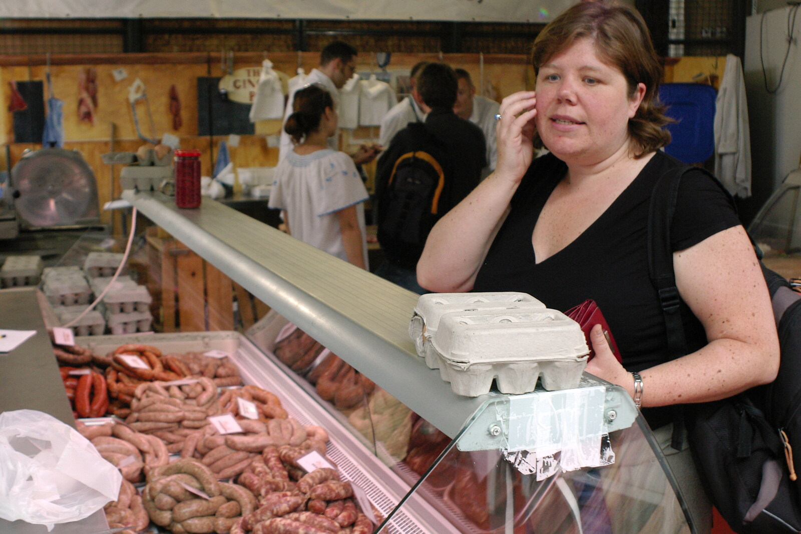 Sis at the sausage counter from Borough Market and North Clapham Tapas, London - 23rd July 2005