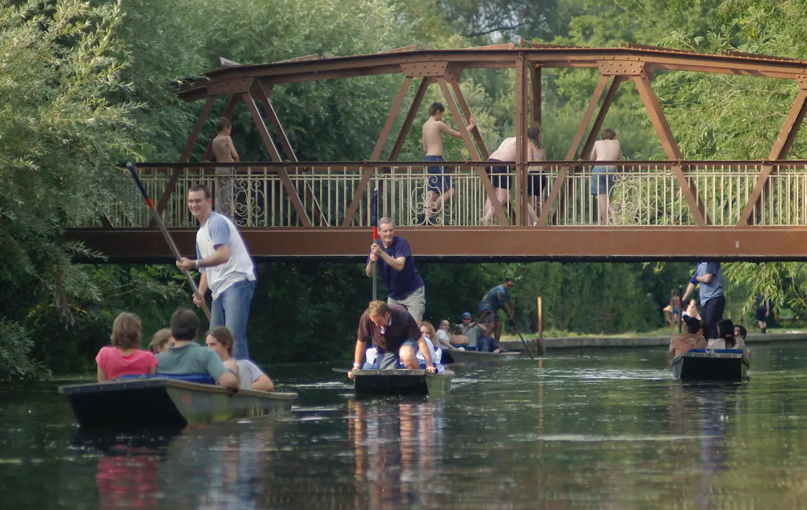 Boys on the bridge bomb Peter Knowles's punt, from Qualcomm goes Punting on the Cam, Grantchester Meadows, Cambridge - 18th August 2005