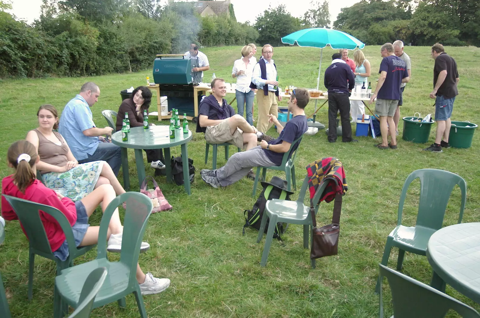 The Qualcomm gang on Grantchester Meadows, from Qualcomm goes Punting on the Cam, Grantchester Meadows, Cambridge - 18th August 2005