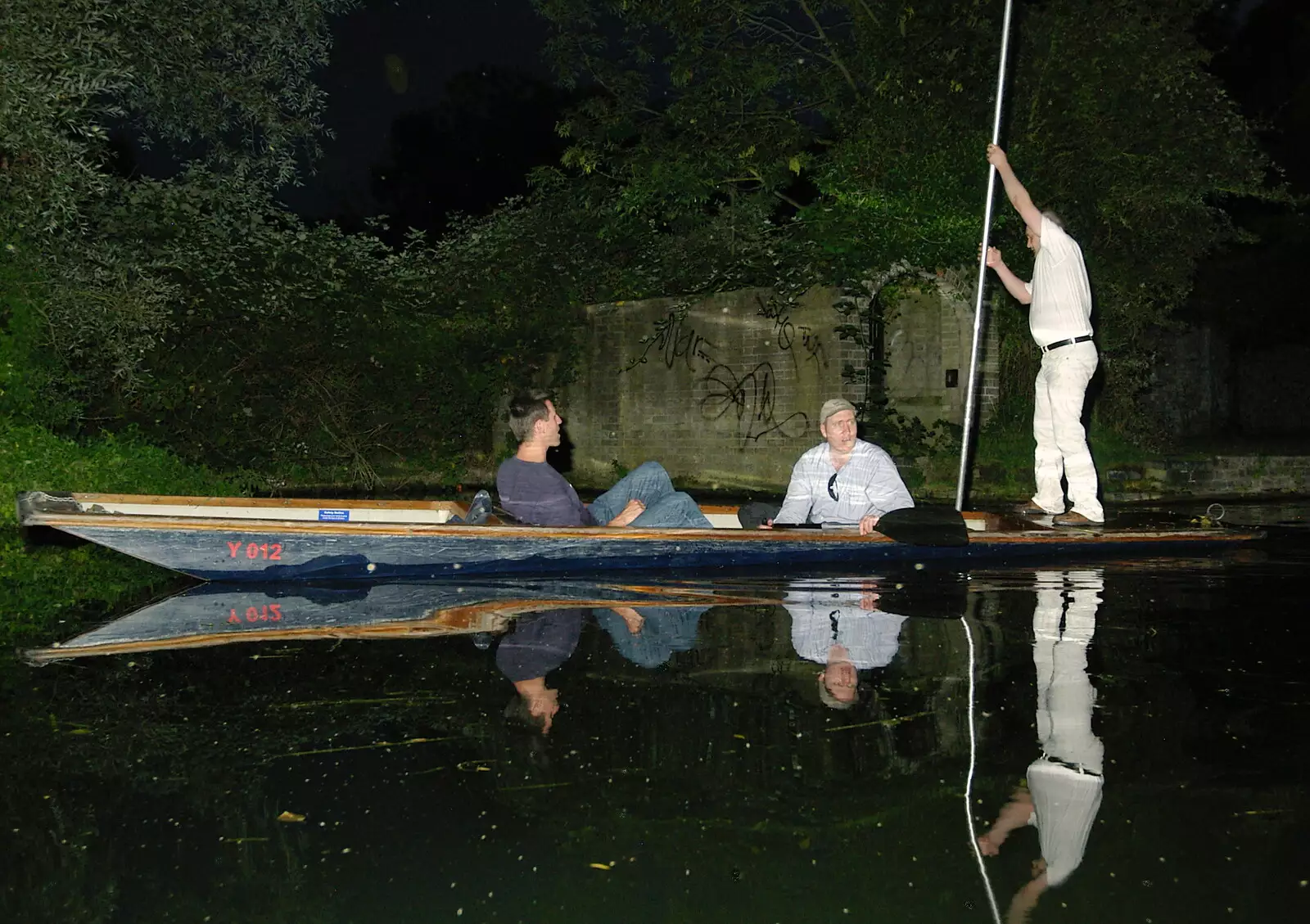 F-dude reflected in the Cam, from Qualcomm goes Punting on the Cam, Grantchester Meadows, Cambridge - 18th August 2005