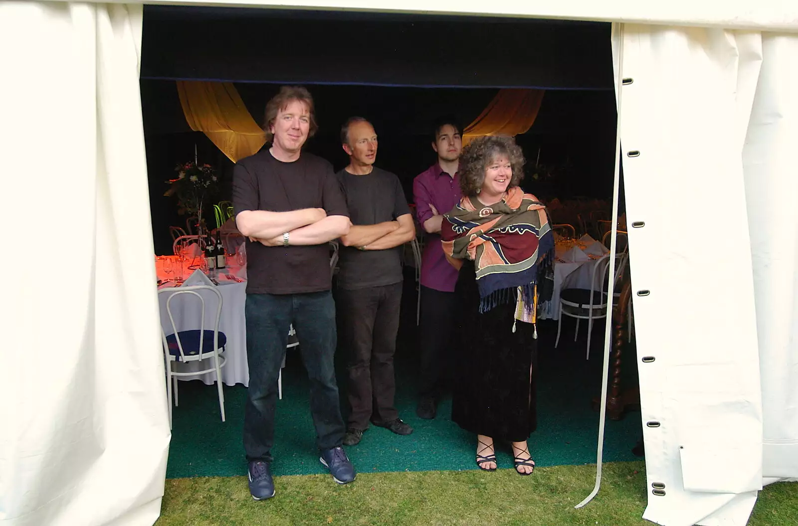 Max, Henry, Alex and Jo peer out from the marquee, from The BBs Play Bressingham, Norfolk - 3rd September 2005