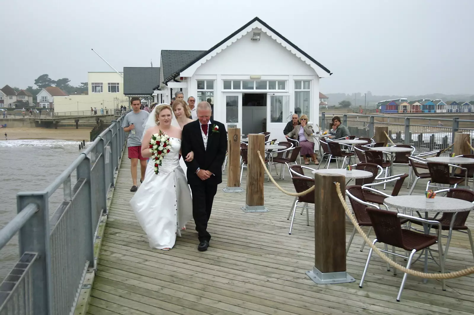 John escorts Sally along the pier, from Sally and Paul's Wedding on the Pier, Southwold, Suffolk - 3rd September 2005