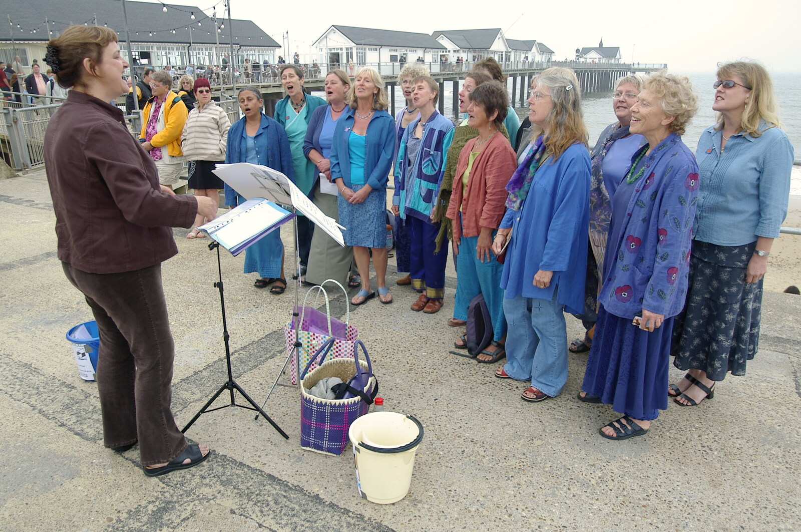 There's a Water-Aid choir performing on the beach from Sally and Paul's Wedding on the Pier, Southwold, Suffolk - 3rd September 2005