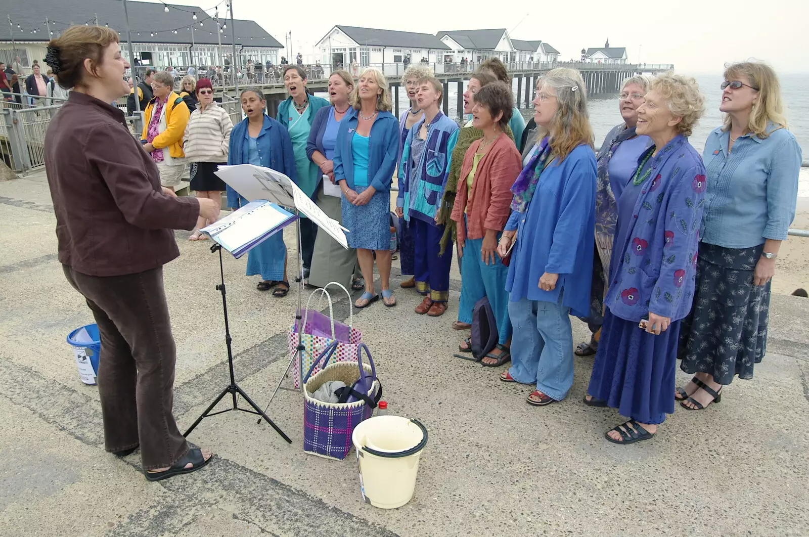 There's a Water-Aid choir performing on the beach, from Sally and Paul's Wedding on the Pier, Southwold, Suffolk - 3rd September 2005