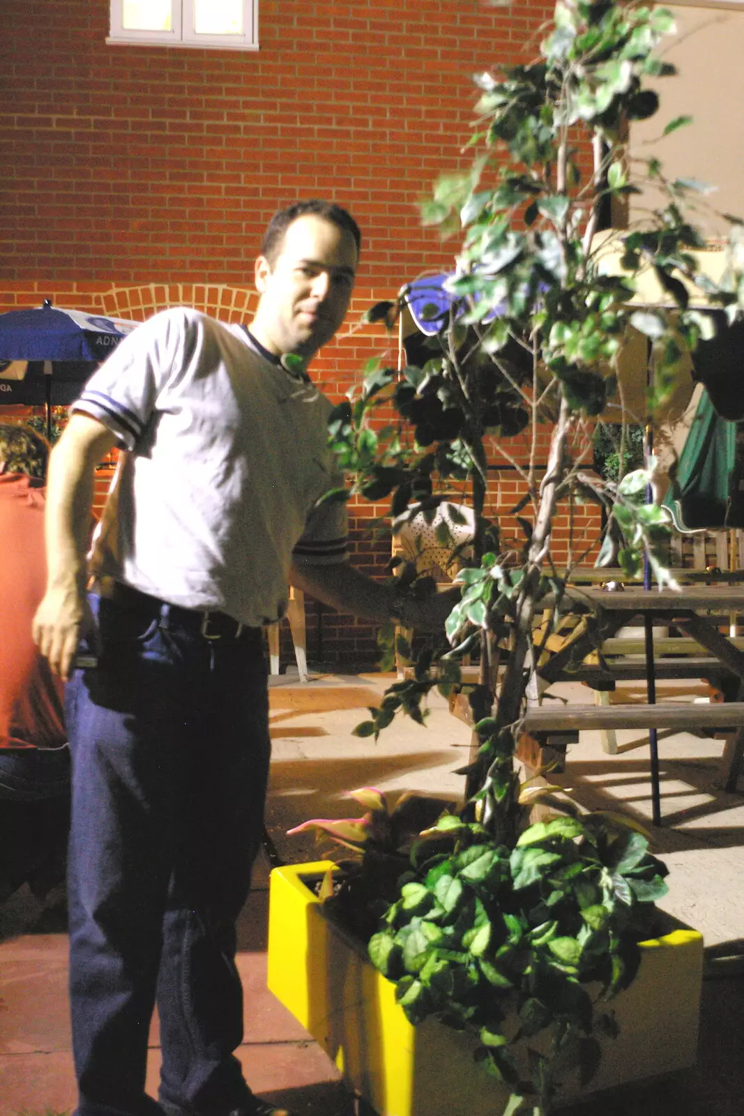 Russell points to two St. Edmund House plant pots, from Cambridge Floods, Curry Night and an Ipswich Monsoon - 10th September 2005