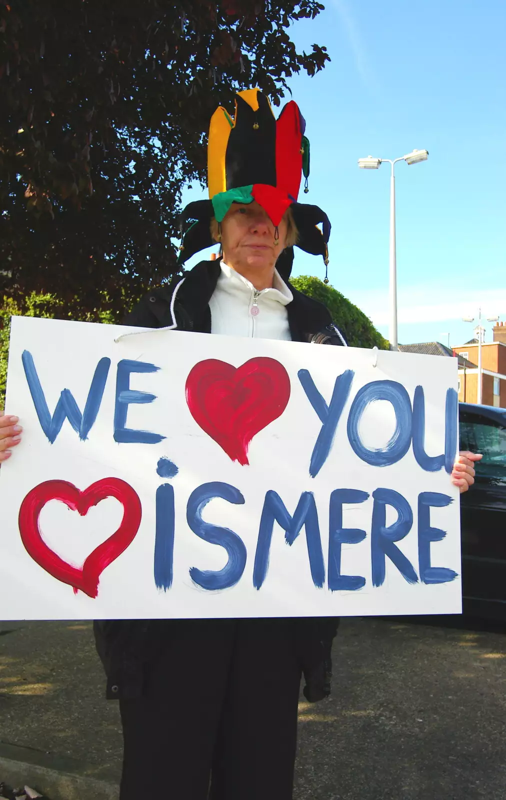 A jester with 'We love you Hartismere', from Save Hartismere: a Hospital Closure Protest, Eye, Suffolk - 17th September 2005