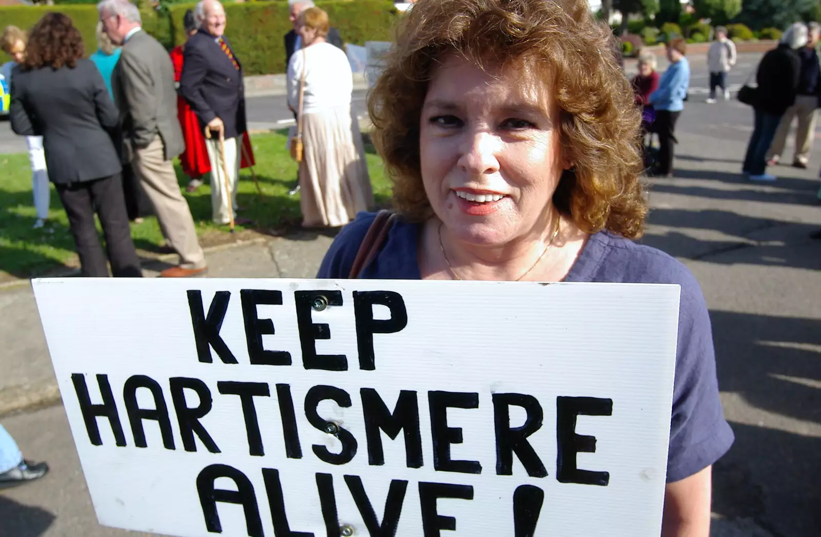 Denny shows off her placard, from Save Hartismere: a Hospital Closure Protest, Eye, Suffolk - 17th September 2005