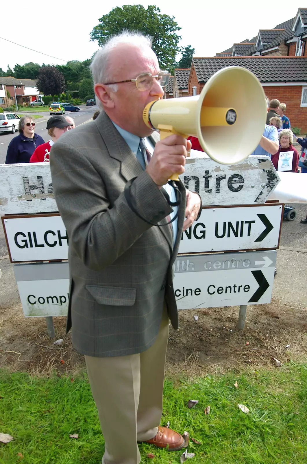 The organiser kicks things off with a loud-hailer, from Save Hartismere: a Hospital Closure Protest, Eye, Suffolk - 17th September 2005