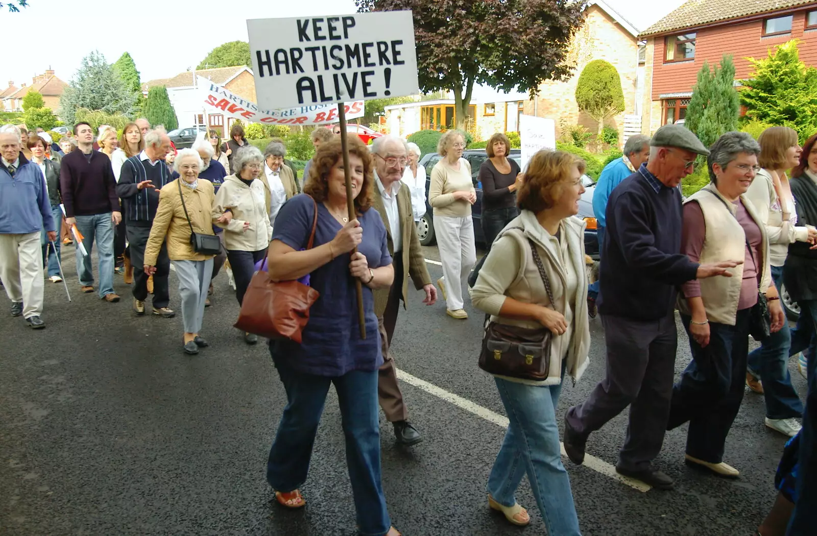 Denny holds her placard aloft, from Save Hartismere: a Hospital Closure Protest, Eye, Suffolk - 17th September 2005