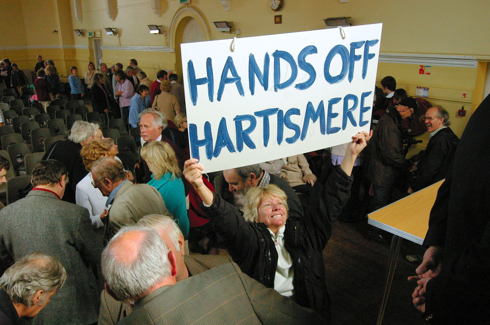 A placard is waved as Michael Lord is on telly from Save Hartismere: a Hospital Closure Protest, Eye, Suffolk - 17th September 2005