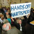 A placard is waved as Michael Lord is on telly, Save Hartismere: a Hospital Closure Protest, Eye, Suffolk - 17th September 2005