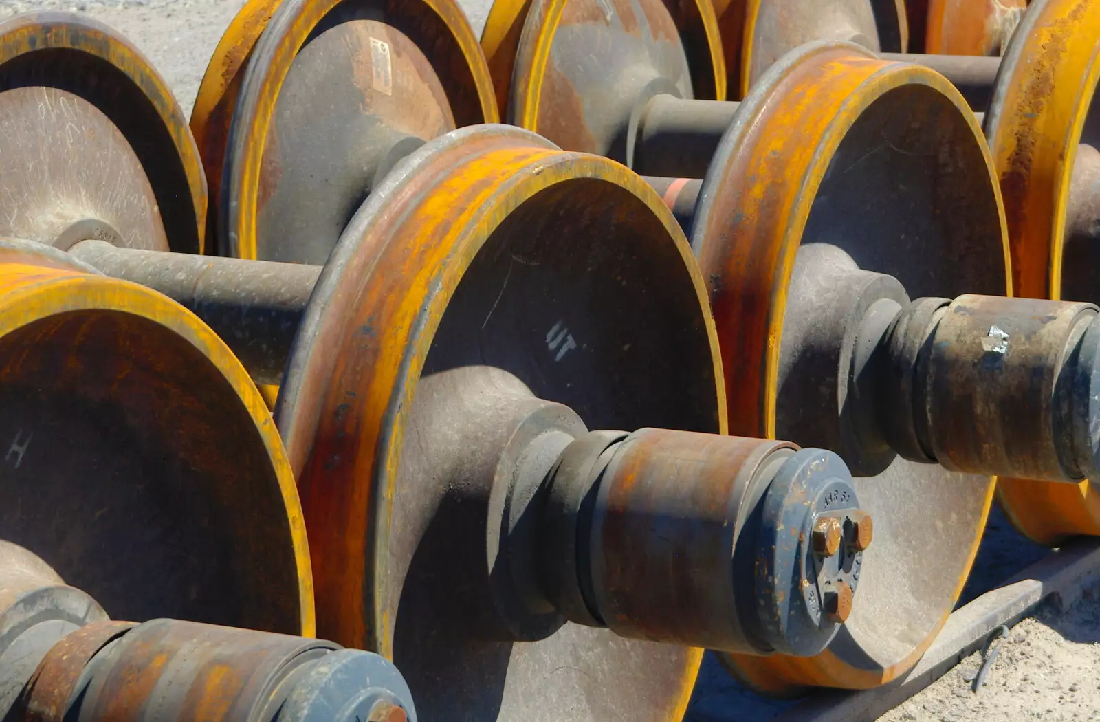 A line of spare wheel-sets rusts slowly away, from California Desert: El Centro, Imperial Valley, California, US - 24th September 2005