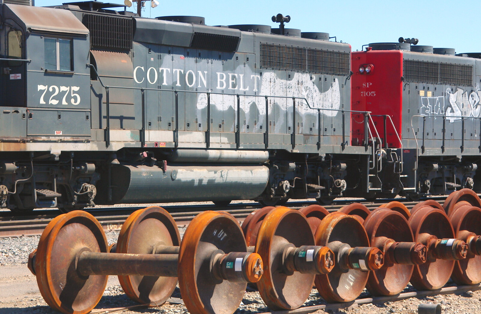Rusty wheels and the loco 'Cotton Belt' from California Desert: El Centro, Imperial Valley, California, US - 24th September 2005
