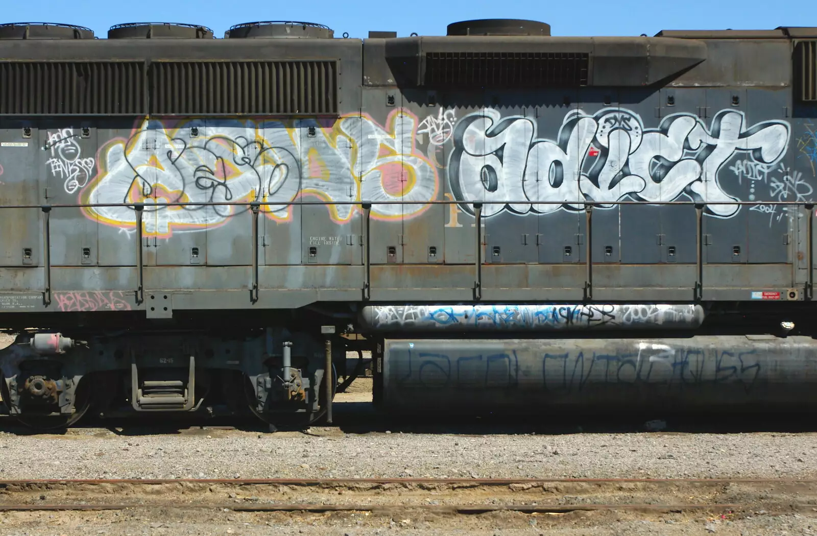 Graffiti tags on a locomotive, from California Desert: El Centro, Imperial Valley, California, US - 24th September 2005