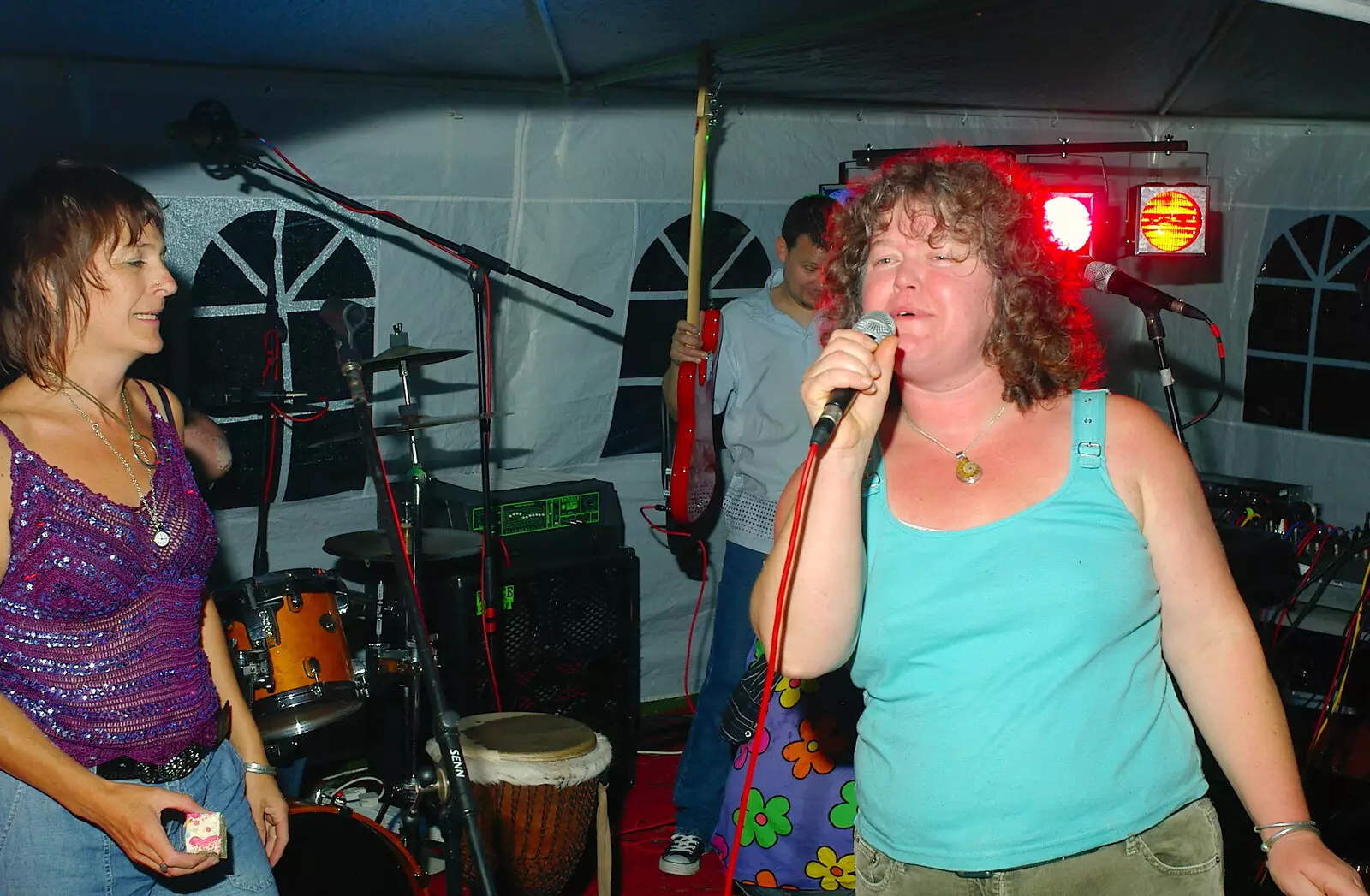 Jo has a microphone moment, from Jo and Steph's Party, Burston, Norfolk - 30th September 2005