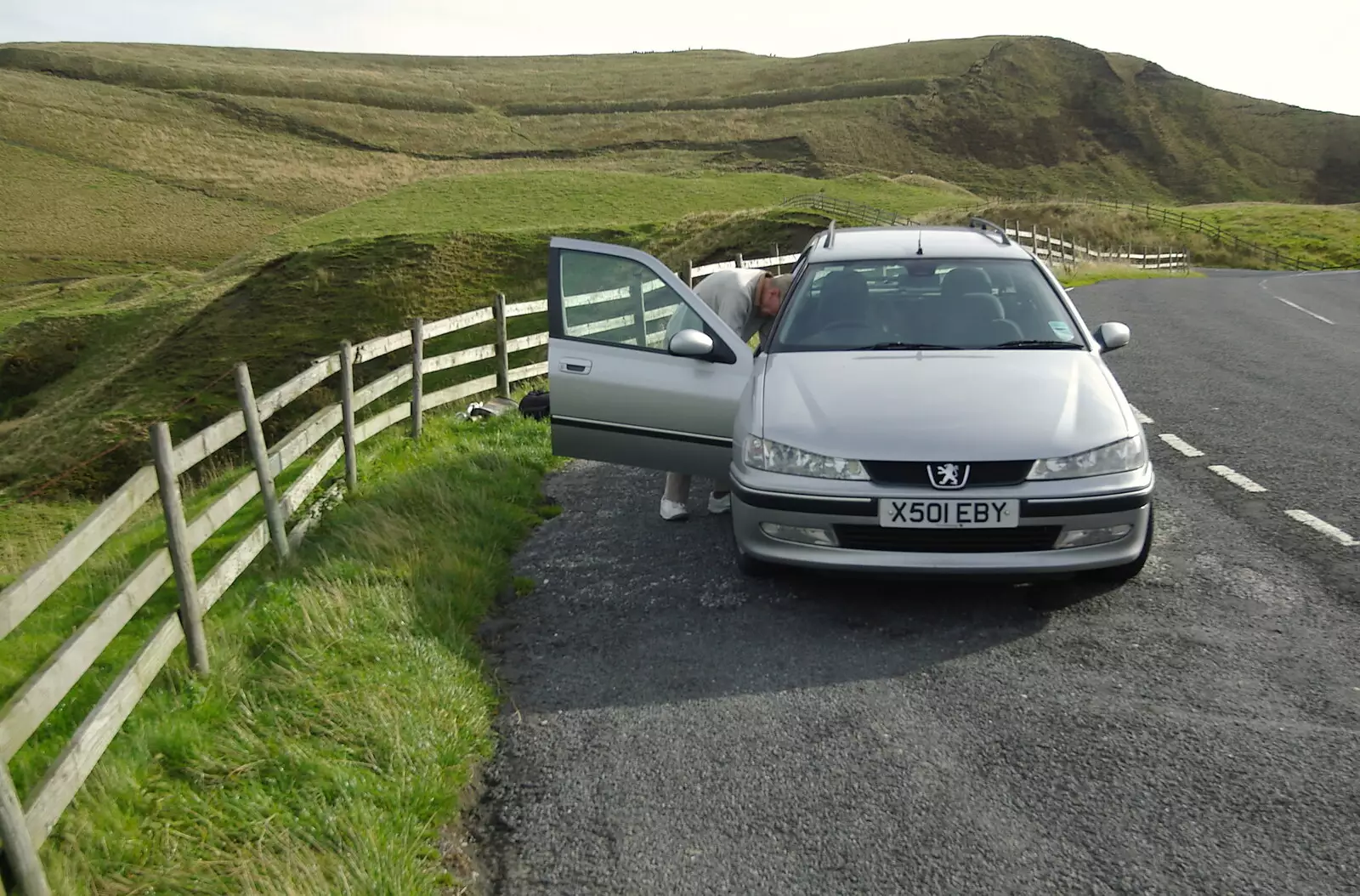 The Old Chap pokes around in the car, from The Pennine Way: Lost on Kinder Scout, Derbyshire - 9th October 2005