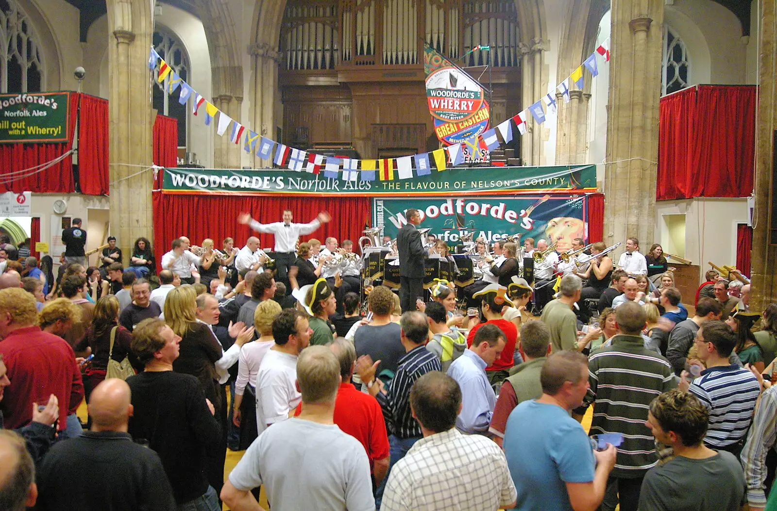 The Cawston's conductor does Jazz Hands, from The 28th Norwich Beer Festival, St. Andrew's Hall, Norwich - 26th October 2005