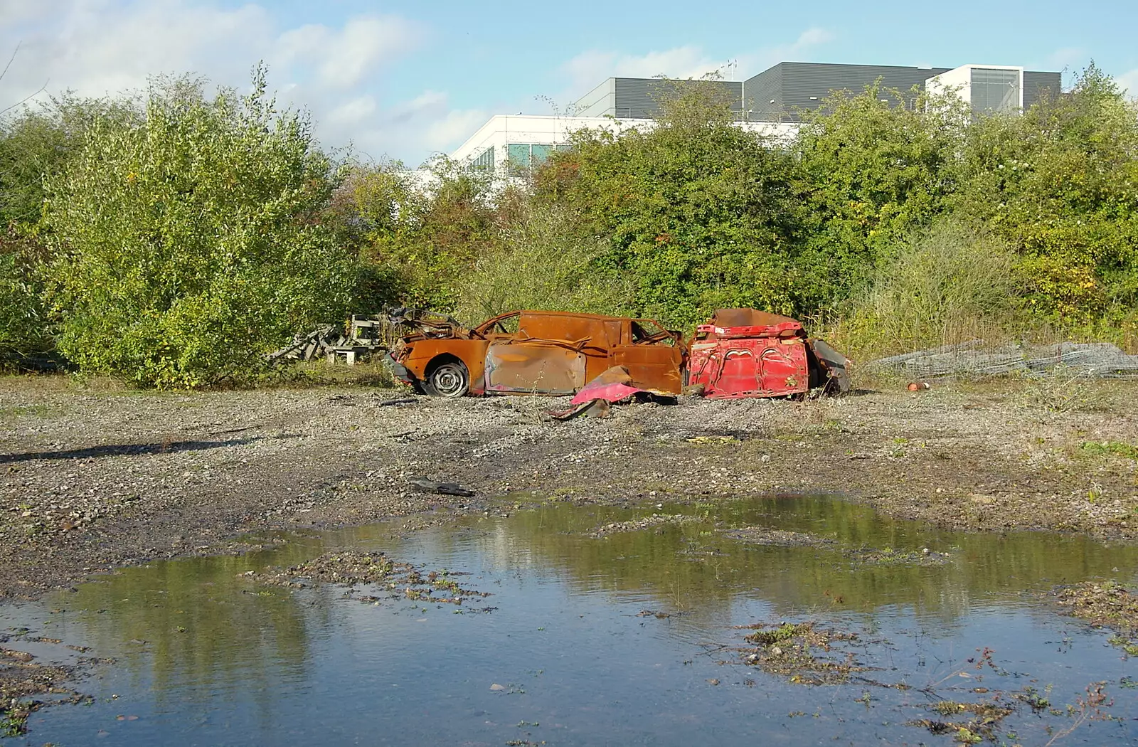 Hi-tech buildings and wrecked cars, from Disused Cambridge Railway, Milton Road, Cambridge - 28th October 2005