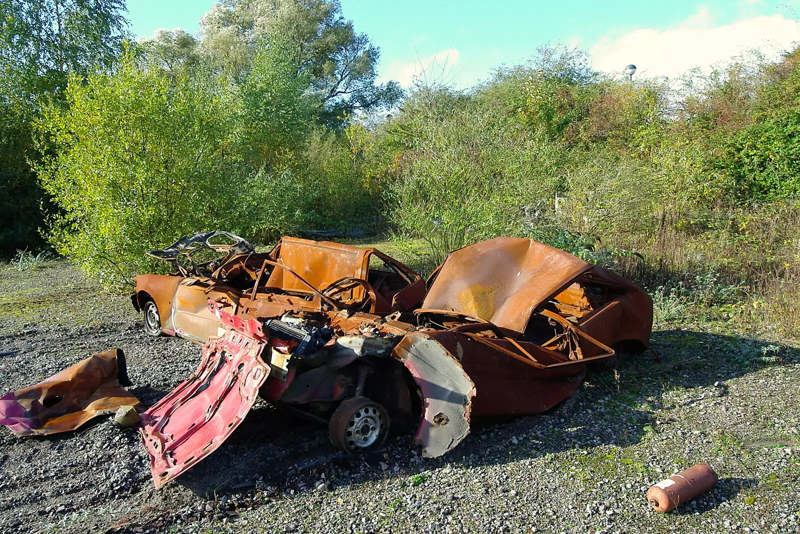 A couple of burnt-out cars, from Disused Cambridge Railway, Milton Road, Cambridge - 28th October 2005