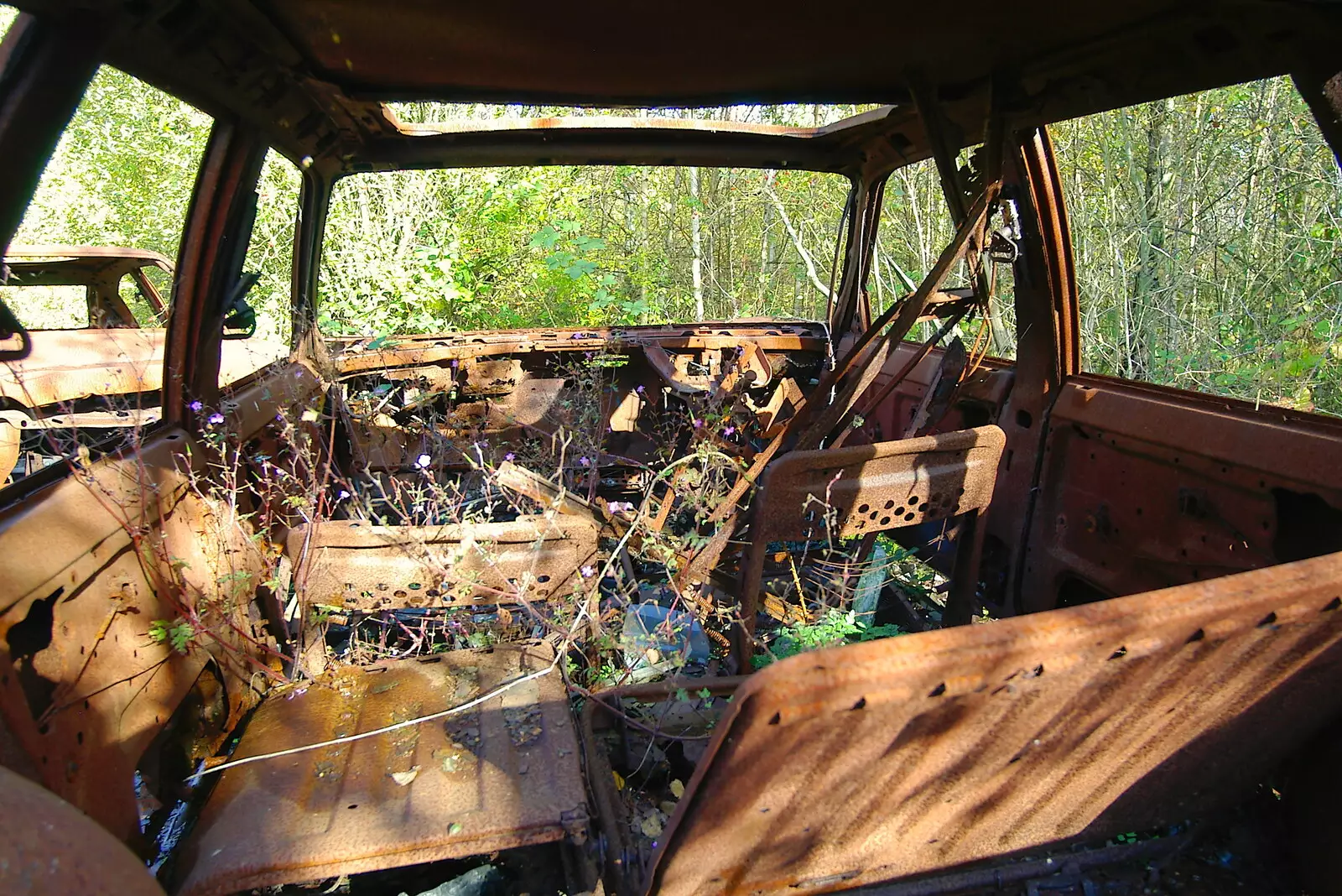 Inside the torched Austin Maestro, from Disused Cambridge Railway, Milton Road, Cambridge - 28th October 2005