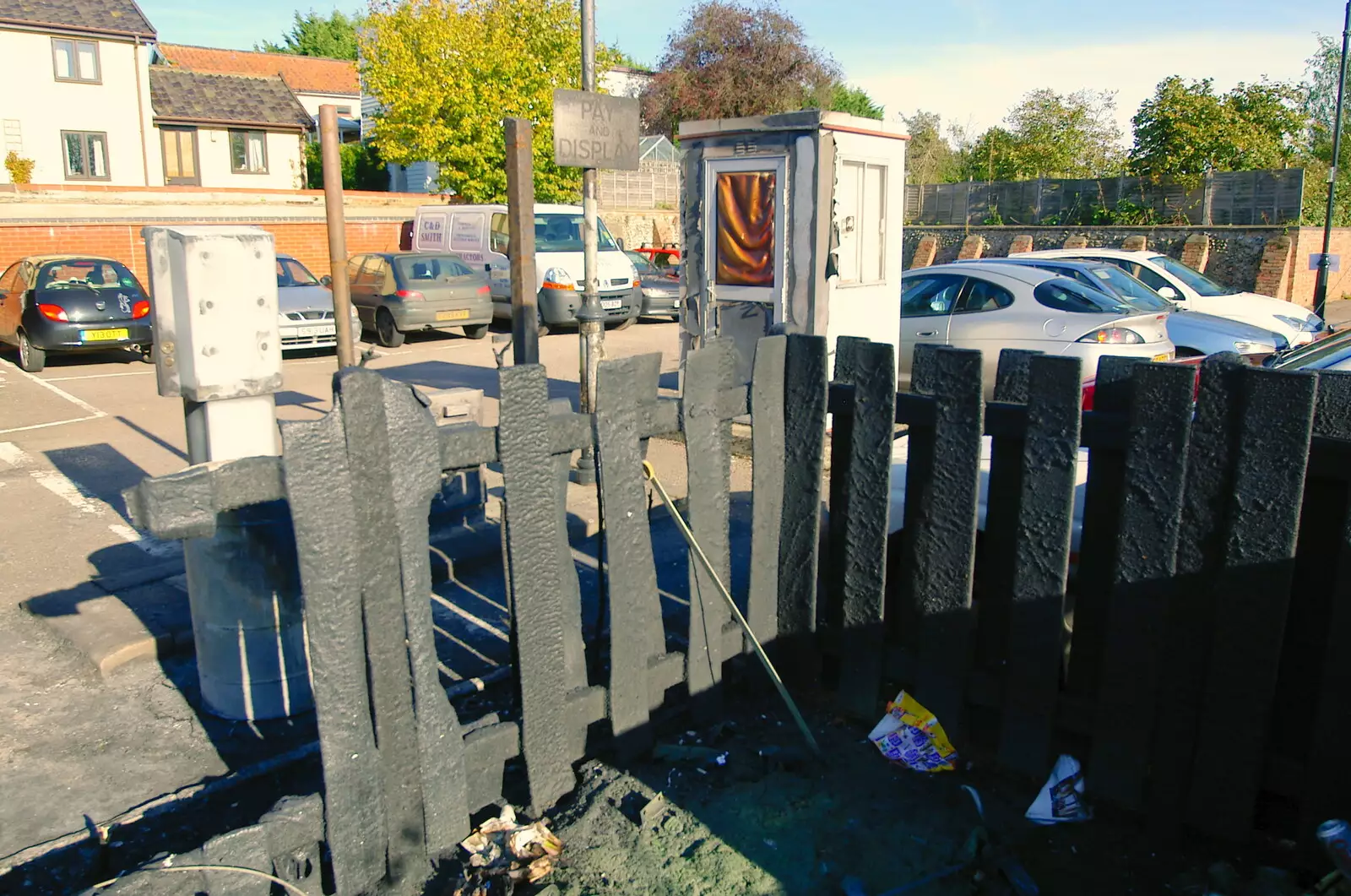 The fence is like charcoal, from Burnt-out Recycling Bins and Fireworks from a Distance, Diss, Norfolk - 4th November 2005