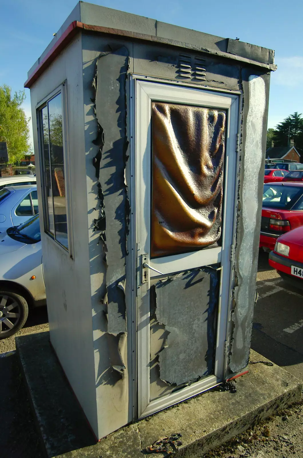 The melted door of the attendant's cubicle, from Burnt-out Recycling Bins and Fireworks from a Distance, Diss, Norfolk - 4th November 2005