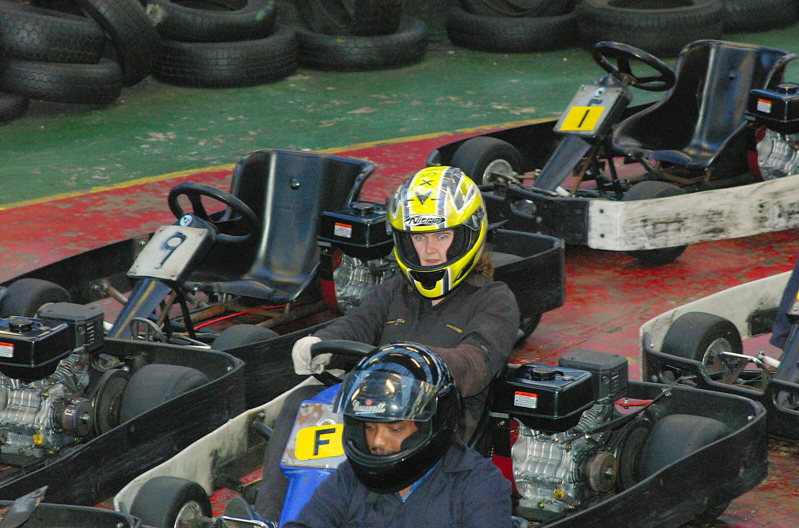 Isobel looks terrified from Qualcomm goes Karting in Caxton, Cambridgeshire - 7th November 2005