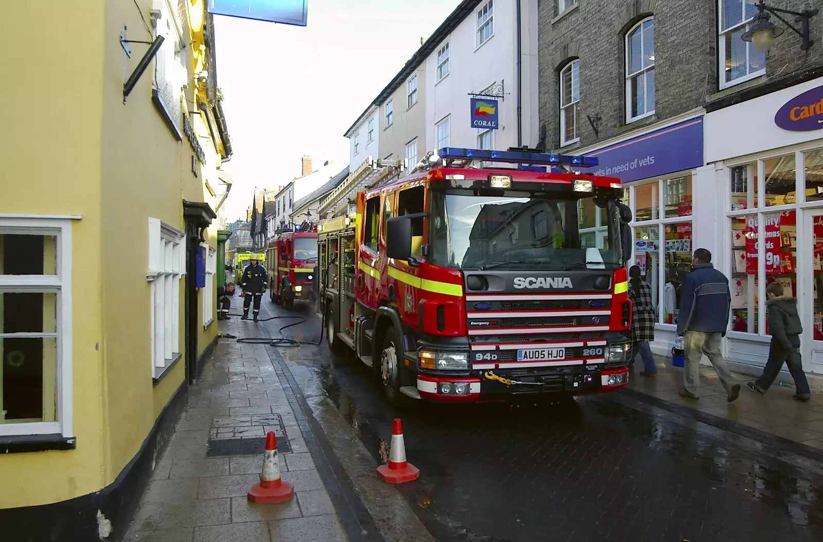 Two fire engines completely block Mere Street, from USA Chicken Catches Fire: Gov and the Ambulance, Diss, Norfolk - 19th November 2005