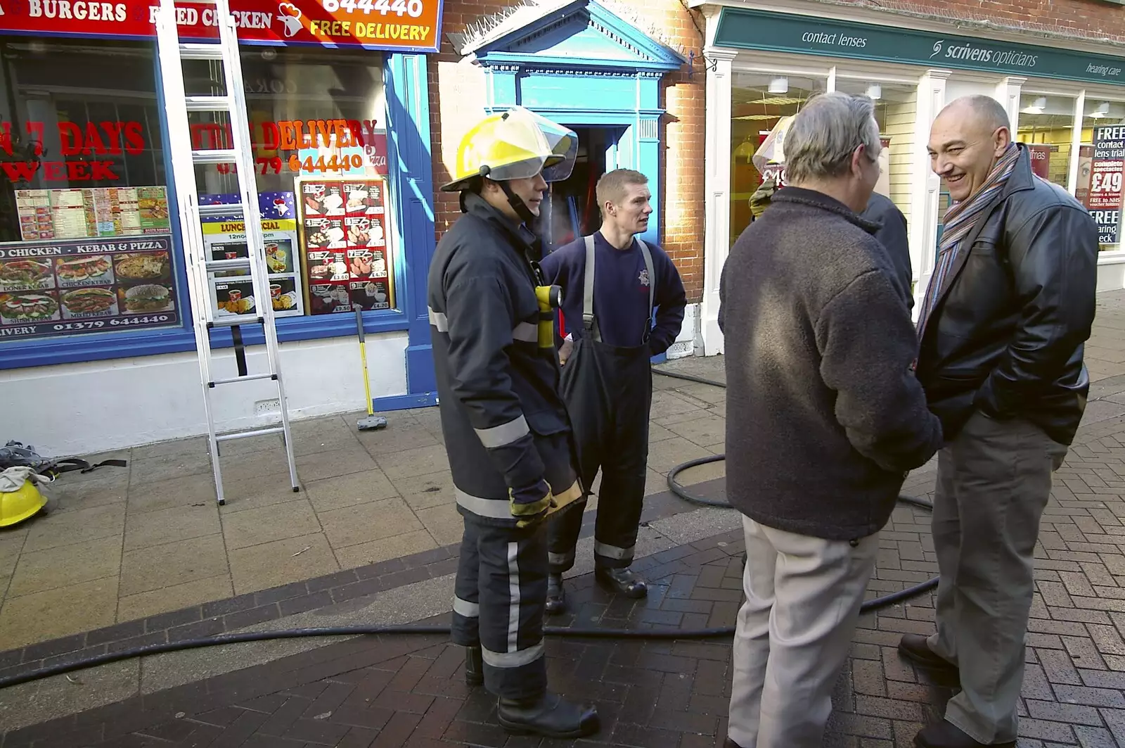 Firemen and curious passers-by chat, from USA Chicken Catches Fire: Gov and the Ambulance, Diss, Norfolk - 19th November 2005