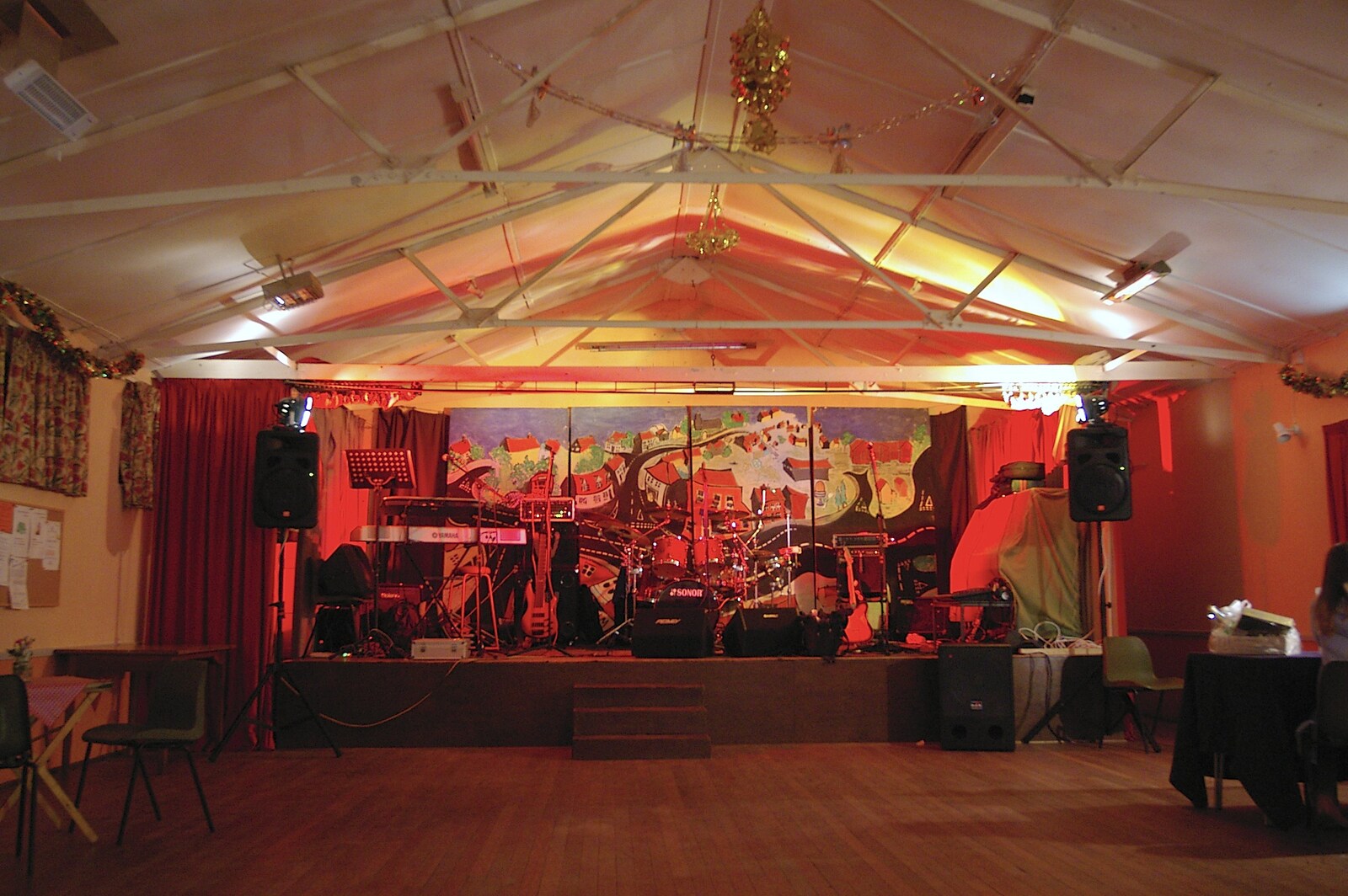 The stage is ready in Kenninghall Memorial Hall from The BBs' Rock'n'Roll Life, Kenninghall, Norfolk - 2nd December 2005