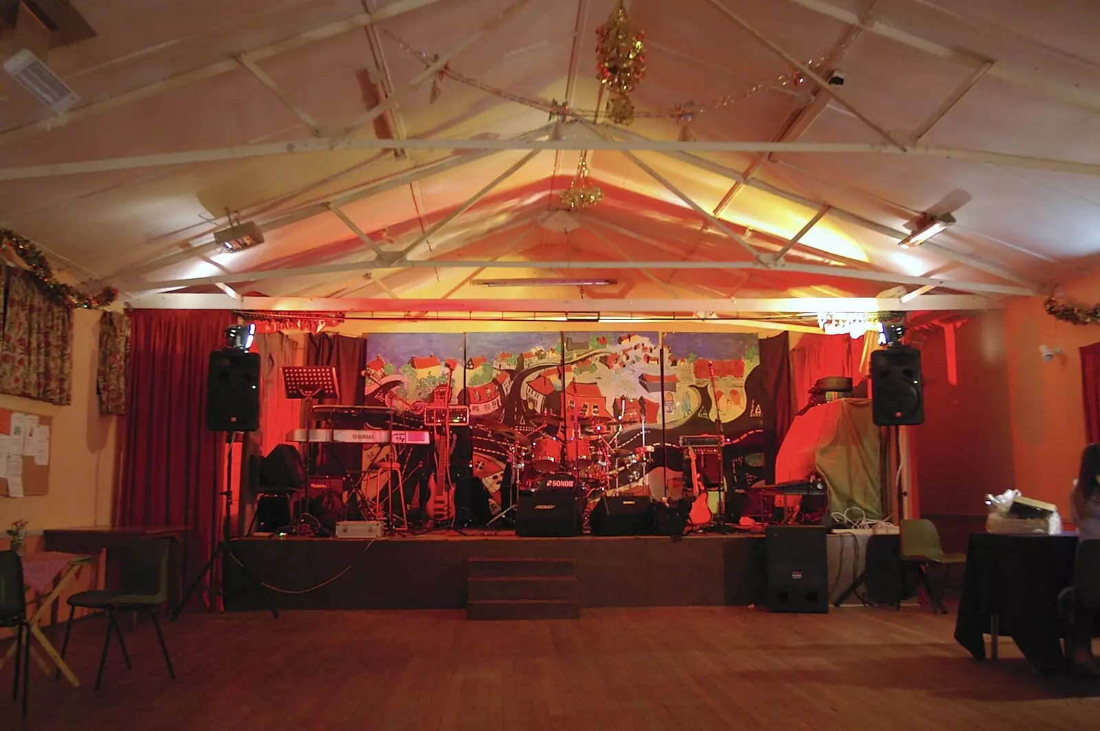 The stage is ready in Kenninghall Memorial Hall, from The BBs' Rock'n'Roll Life, Kenninghall, Norfolk - 2nd December 2005