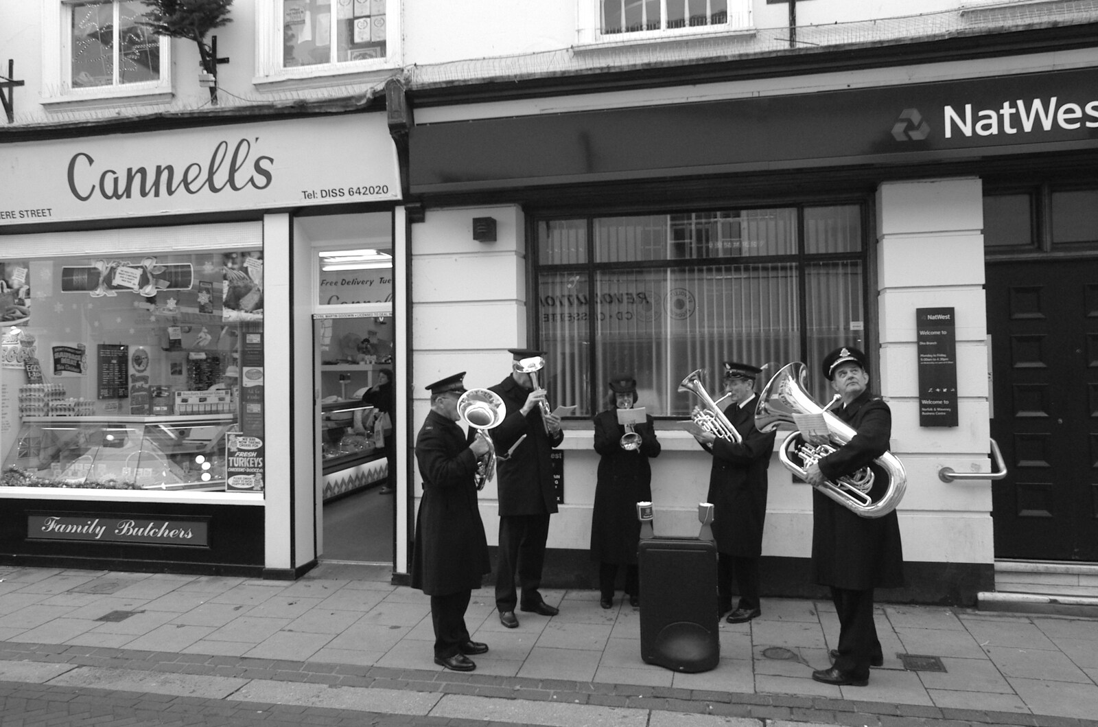 The Sally Army band outside NatWest from Post-modern Alienation: Bleak House, a Diss Miscellany, Norfolk - 3rd December 2005