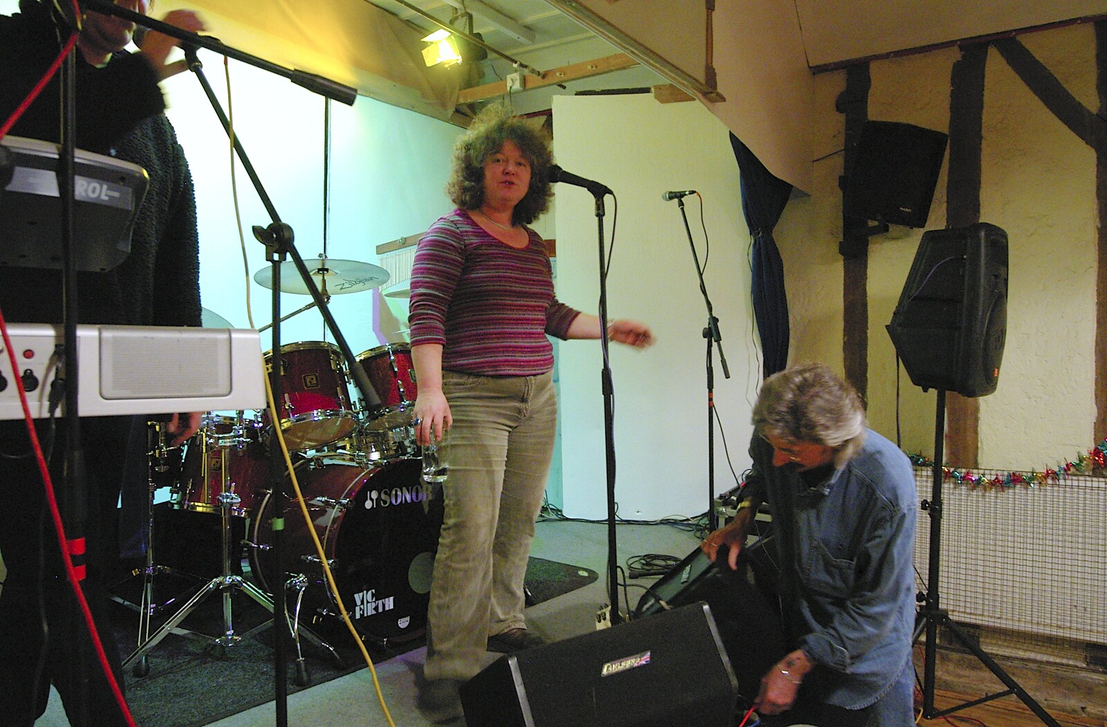 Jo's on stage as Rob fiddles with a monitor from Pheasants, Sunsets and The BBs at Bressingham, Norfolk - 11th December 2005