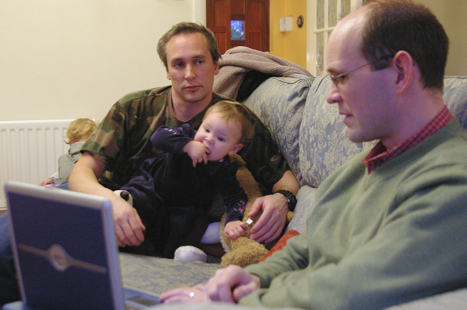 Chris, Lee-lou and Phil on a laptop from Boxing Day Miscellany, Hordle and Barton-on-Sea, Hampshire - 26th December 2005