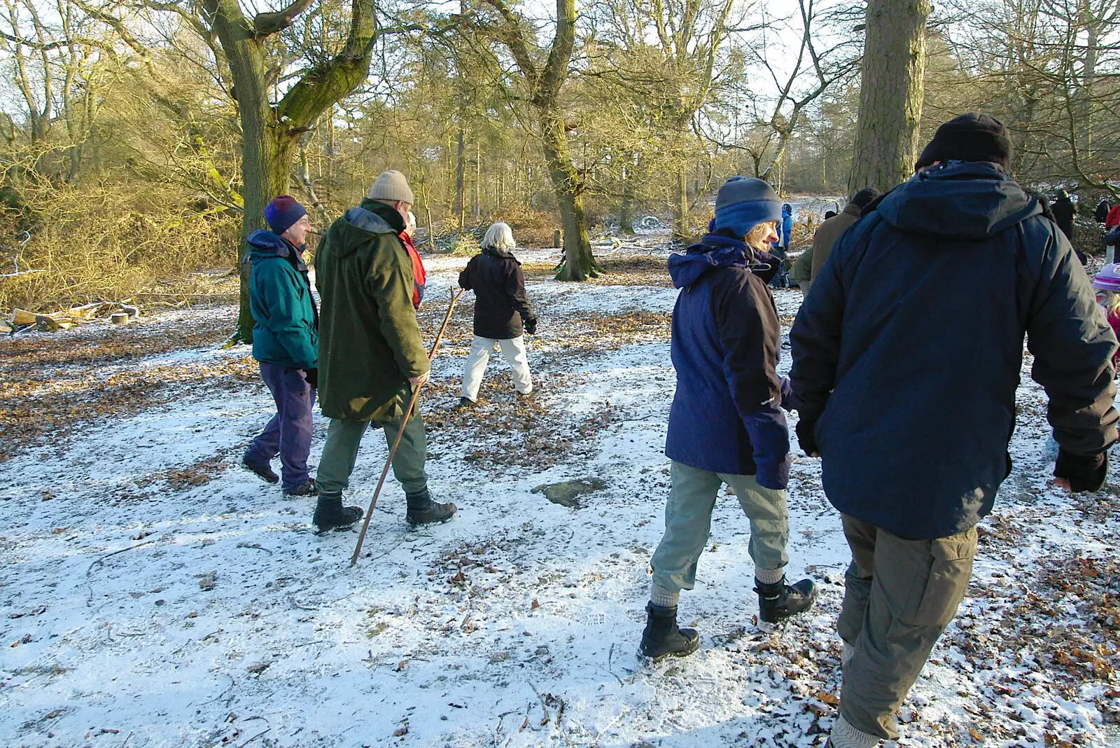 The group hikes off into the forest, from Walk Like a Shadow: A Day With Ray Mears, Ashdown Forest, East Sussex - 29th December 2005