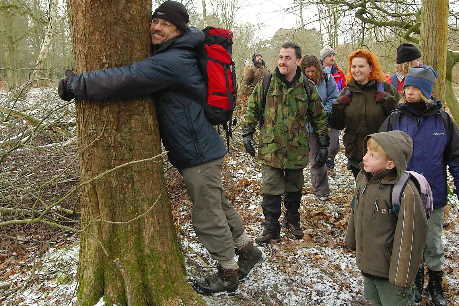 We are encouraged to get in touch with trees, from Walk Like a Shadow: A Day With Ray Mears, Ashdown Forest, East Sussex - 29th December 2005