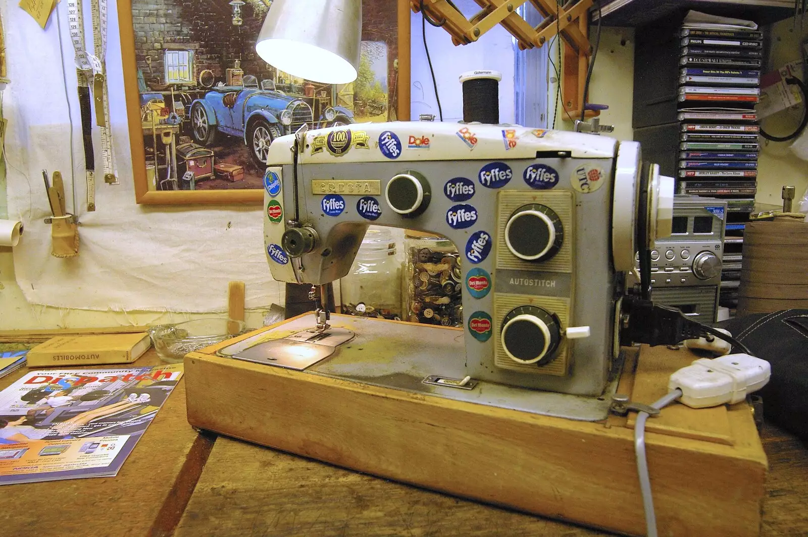 A sewing machine covered in fruit stickers, from A Portrait of Hopgoods: Gentlemen's Outfitters, Diss, Norfolk - 4th January 2006