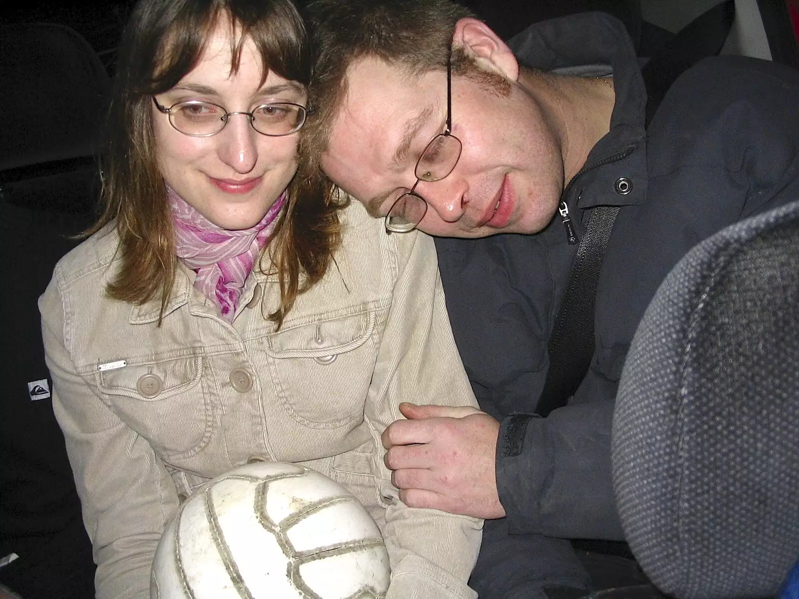 Suey and Marc share a hug moment with a football, from Dom in da Chapel, Safeway Chickens and Evil Supermarkets, Harleston and Grimston - 15th January 2006