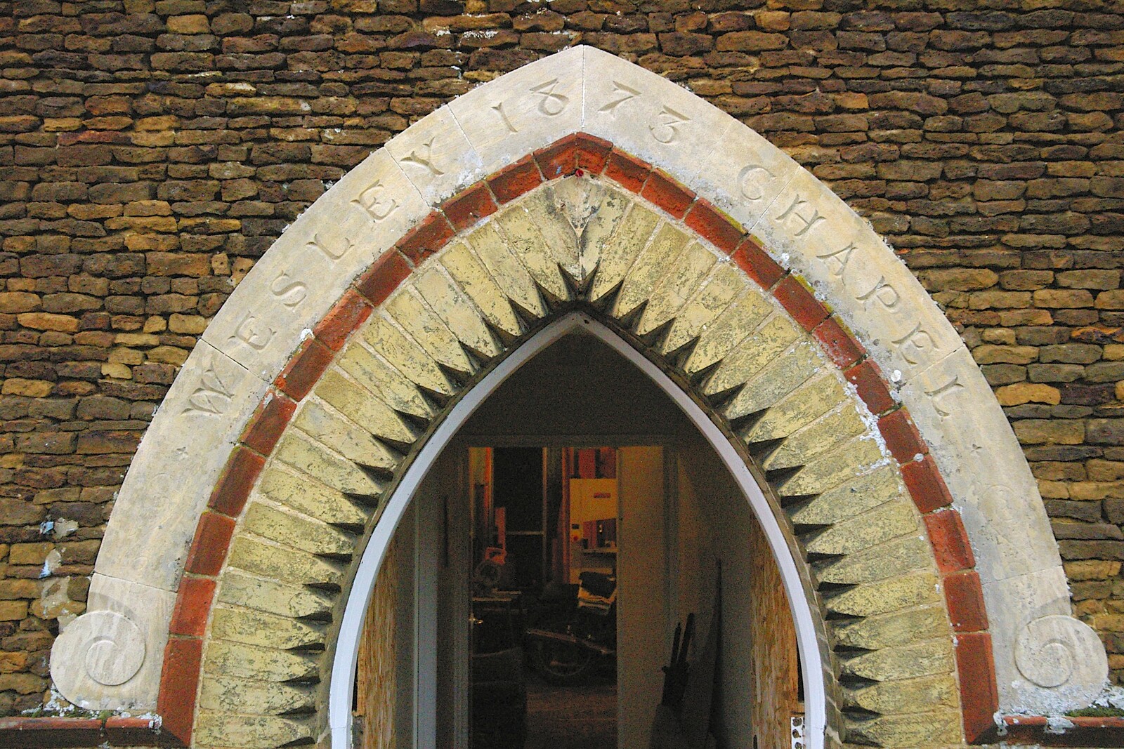 Door archway, showing 'Wesley Chapel, 1873' from Dom in da Chapel, Safeway Chickens and Evil Supermarkets, Harleston and Grimston - 15th January 2006