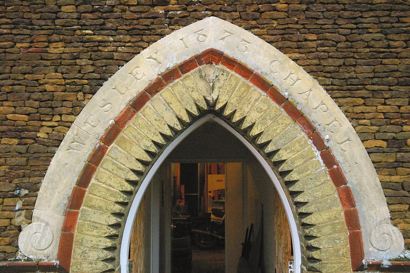 Door archway, showing 'Wesley Chapel, 1873', from Dom in da Chapel, Safeway Chickens and Evil Supermarkets, Harleston and Grimston - 15th January 2006