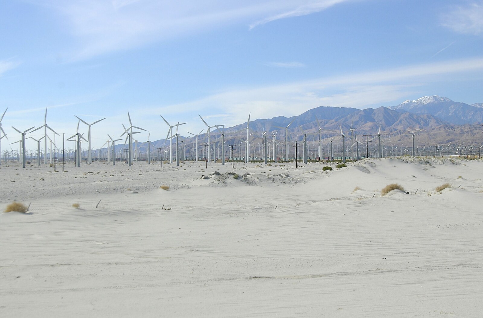 Wind turbines in the white sands from Mojave Desert: San Diego to Joshua Tree and Twentynine Palms, California, US - 5th March 2006