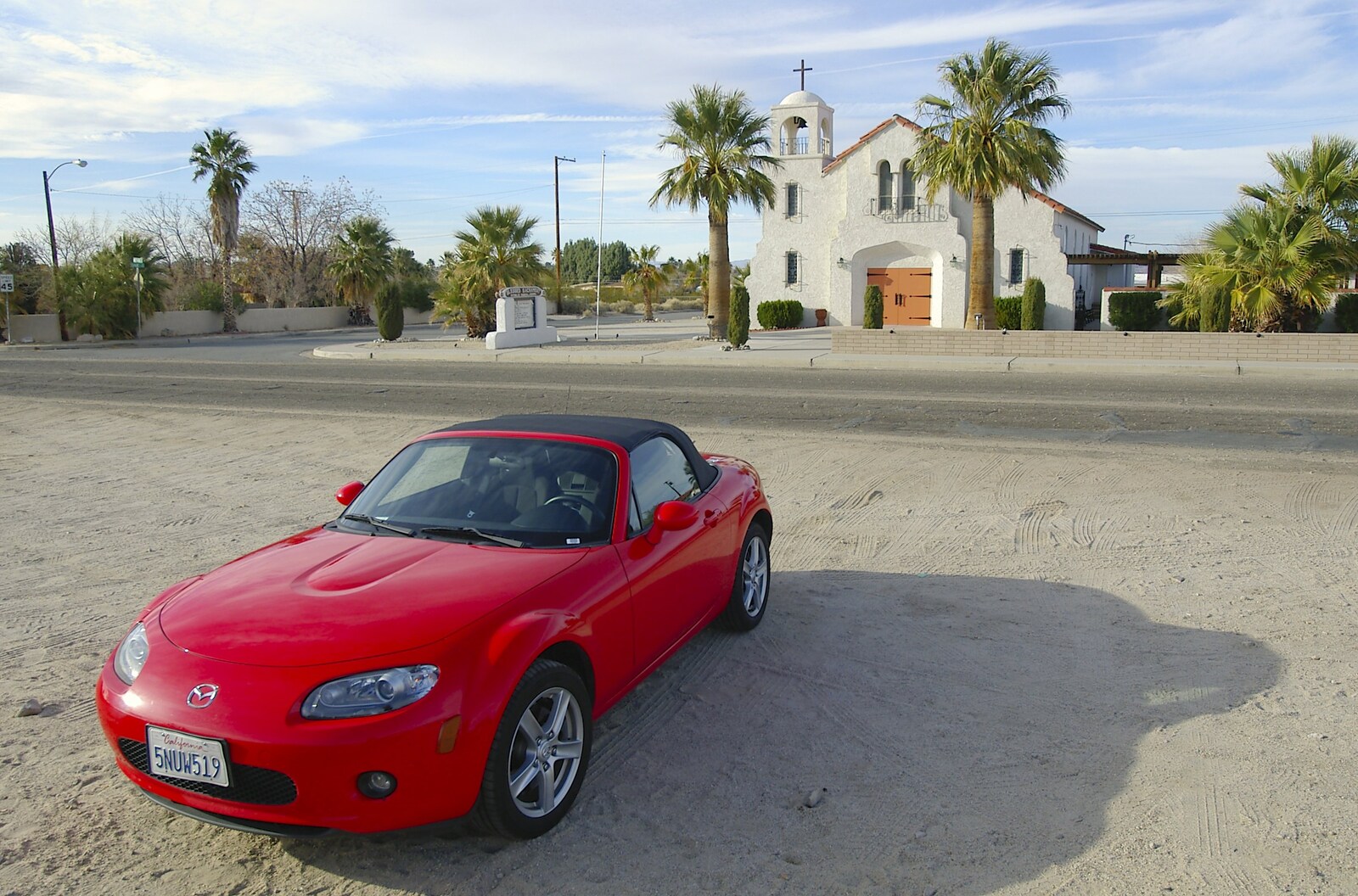 The MX-5 outside the Joshua Tree mission from Mojave Desert: San Diego to Joshua Tree and Twentynine Palms, California, US - 5th March 2006