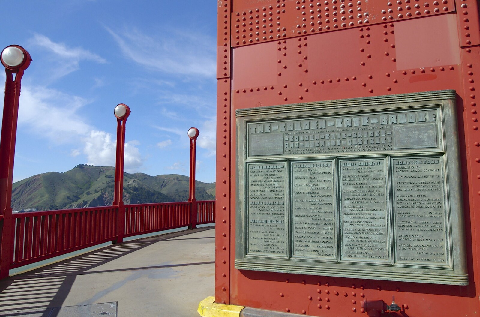 A plaque dedicated to the engineers and builders from The Golden Gate Bridge, San Francisco, California, US - 11th March 2006