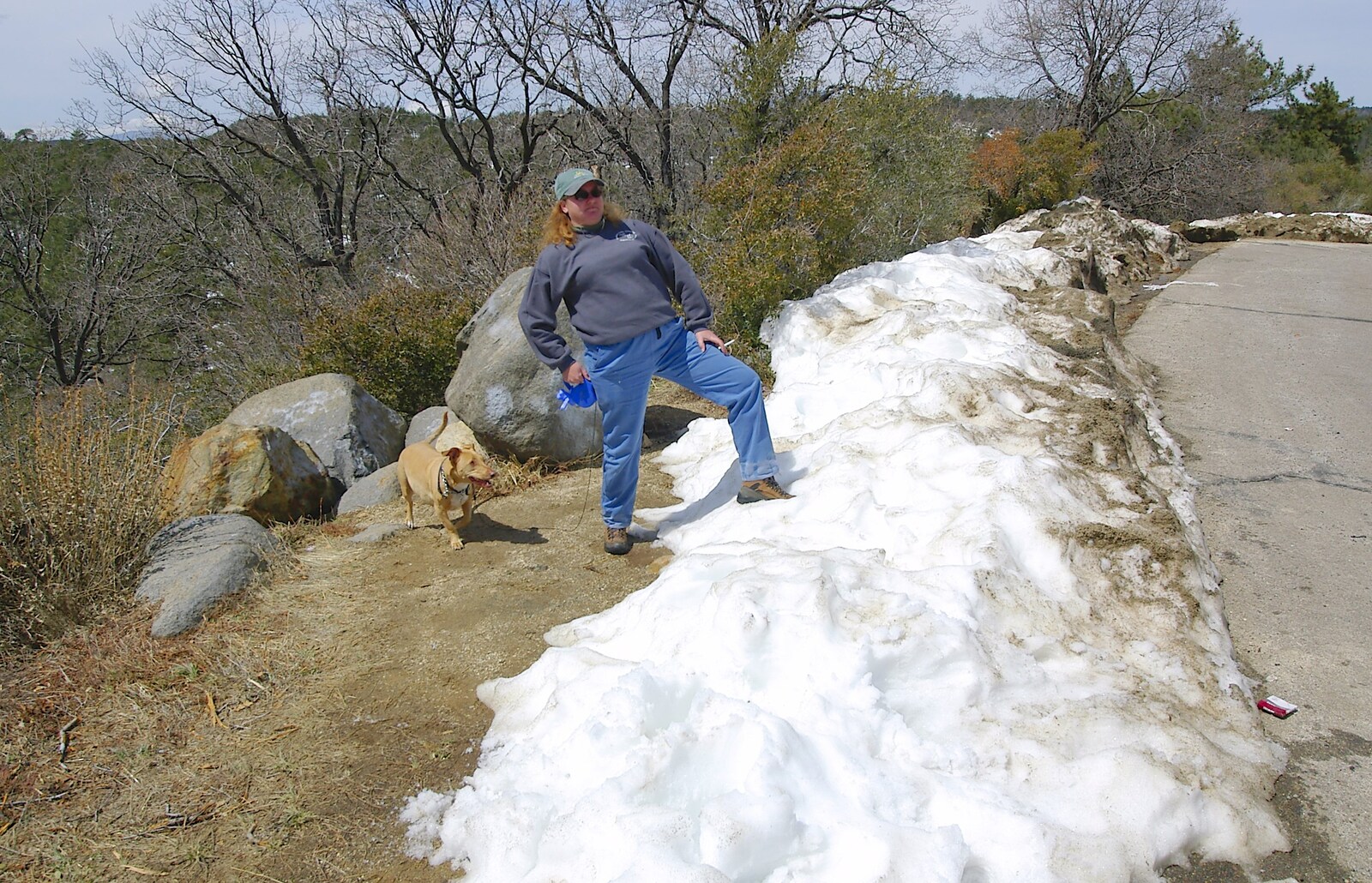 Jen stands astride a heap of ploughed snow from California Snow: San Bernadino State Forest, California, US - 26th March 2006