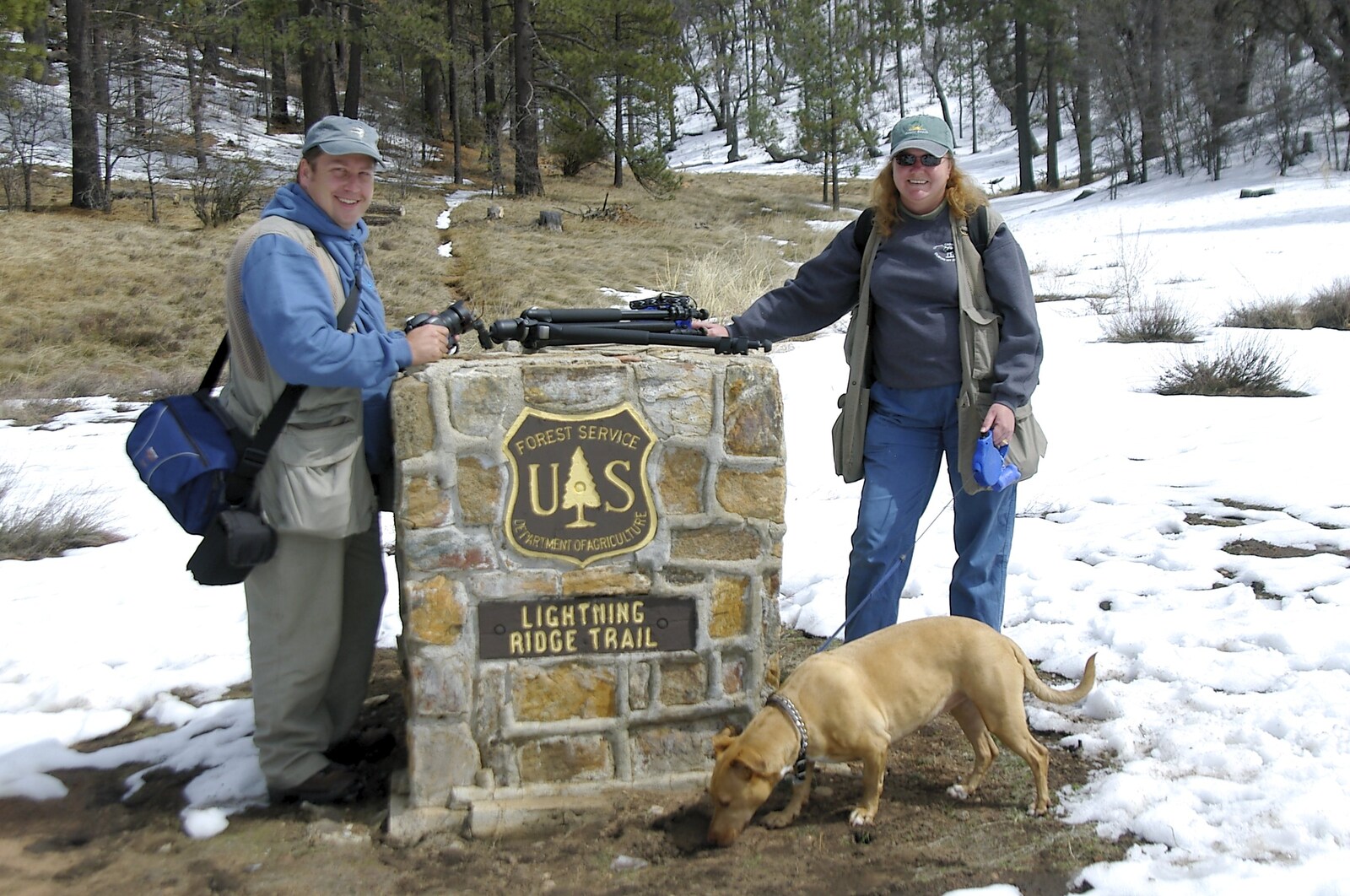 Ken, Jen and the dog pause by the trail marker from California Snow: San Bernadino State Forest, California, US - 26th March 2006