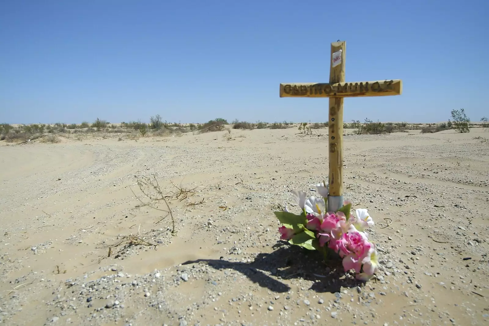 A cross dedicated to Gabino Munoz, from San Diego Seven: The Desert and the Dunes, Arizona and California, US - 22nd April