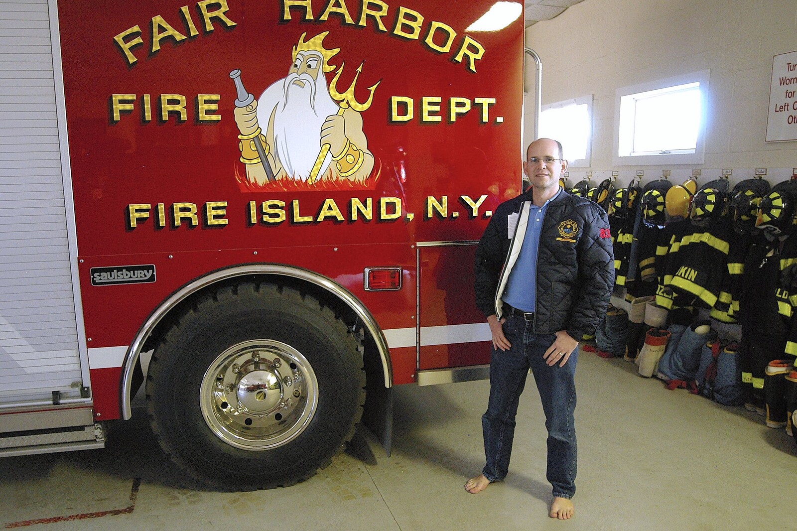 Phil stands next to a fire truck from Phil and the Fair Harbor Fire Engine, Fire Island, New York State, US - 30th April 2006