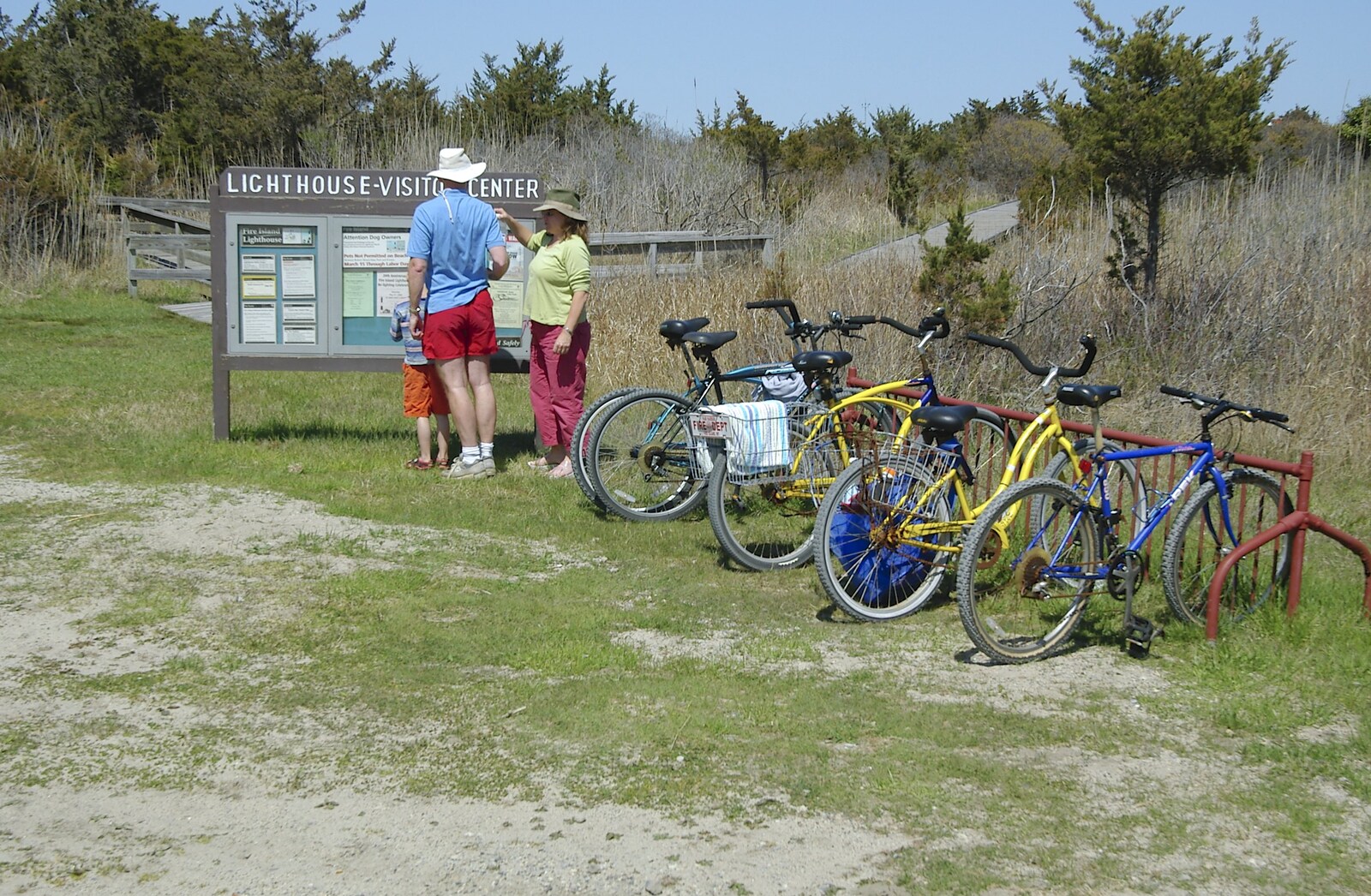 We park the bikes and check the information board from Phil and the Fair Harbor Fire Engine, Fire Island, New York State, US - 30th April 2006