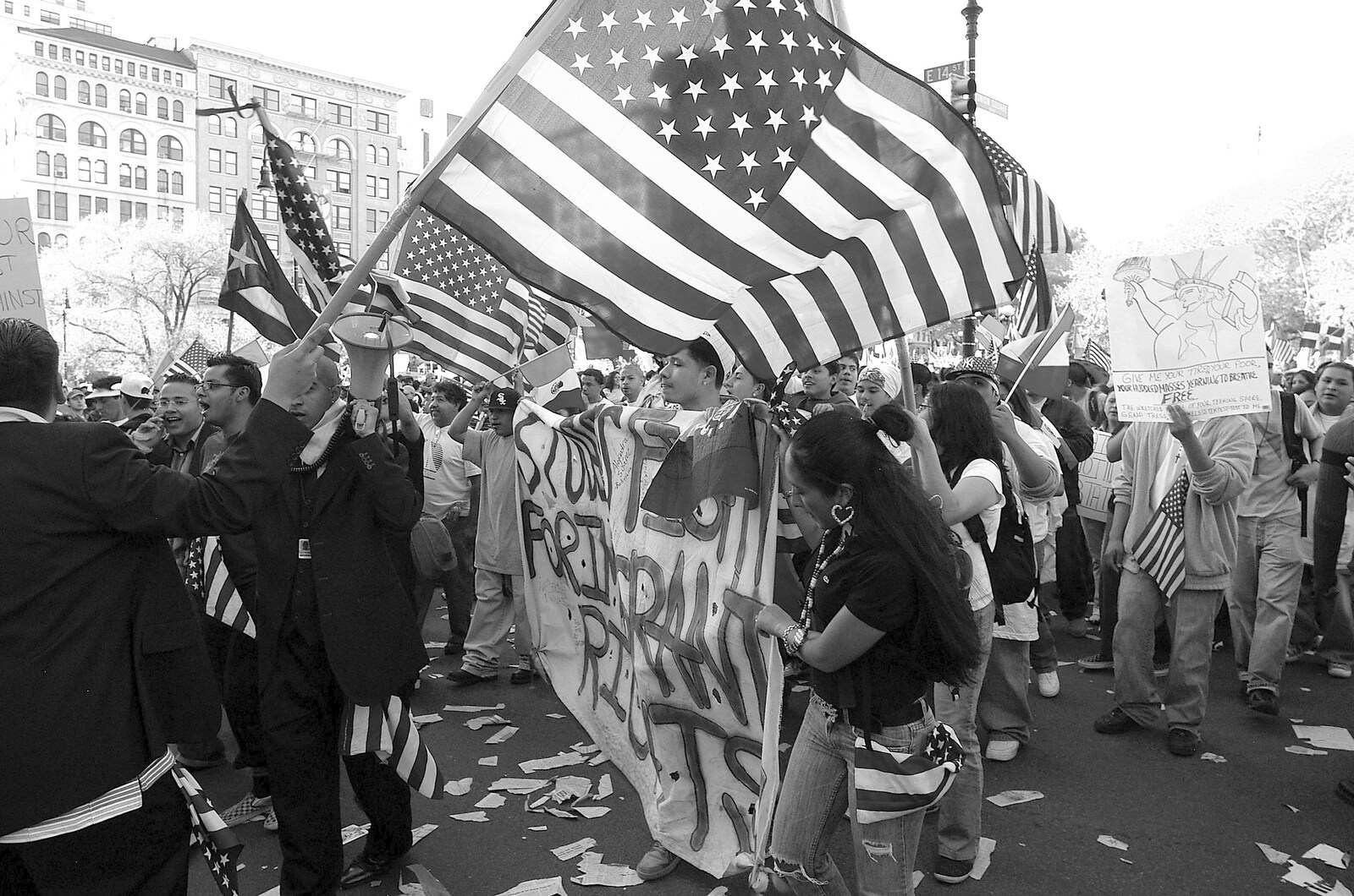 A big US flag from A Union Square Demo, Bryant Park and Columbus Circle, New York, US - 2nd May 2006