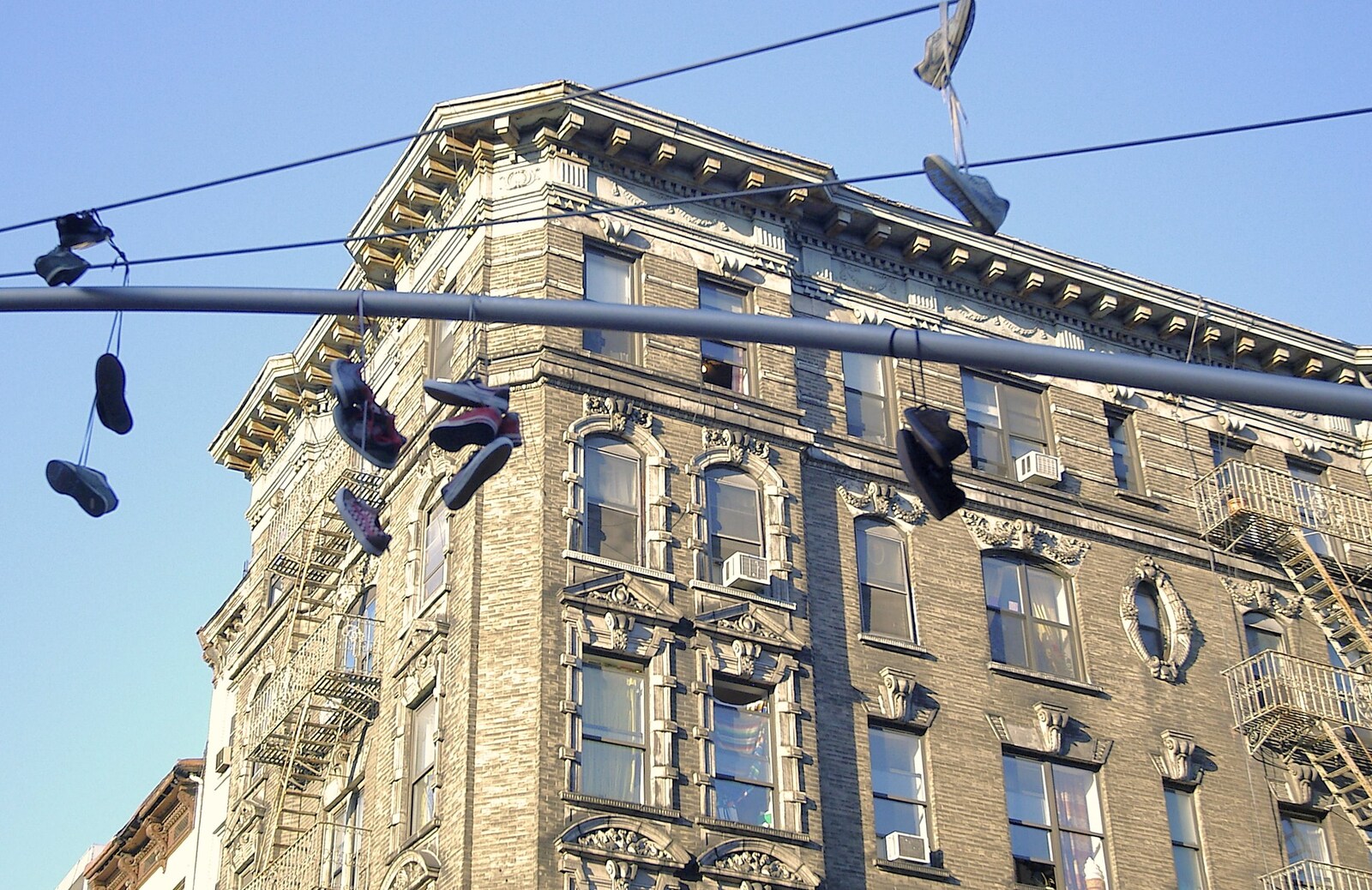 Sneakers on an overhead traffic light from A Union Square Demo, Bryant Park and Columbus Circle, New York, US - 2nd May 2006